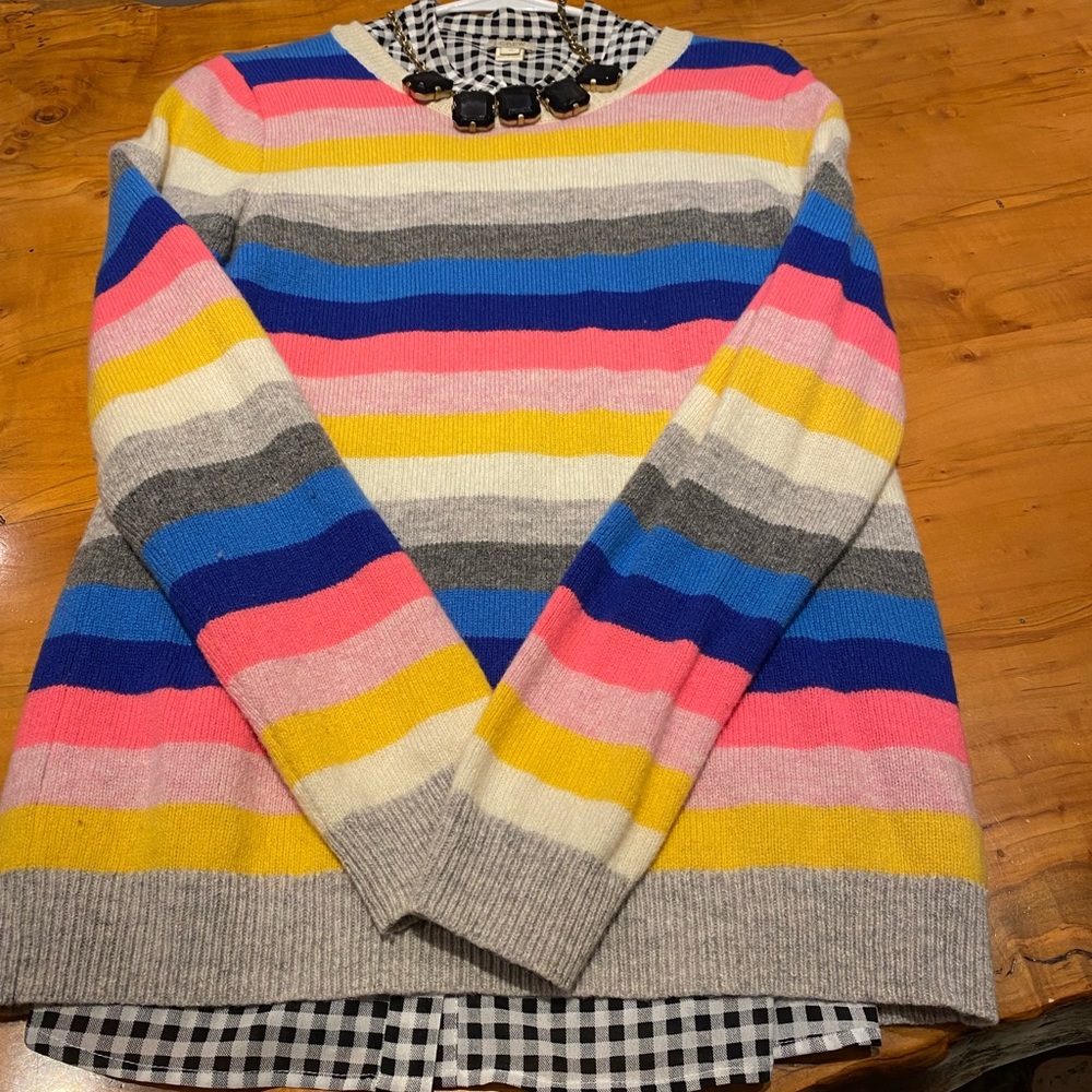 JCrew Factory Striped Sweater, Gingham Tunic Blouse and Statement Necklace - Med